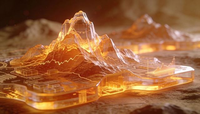 Translucent amber terrain model showcasing glowing topography and embedded data charts