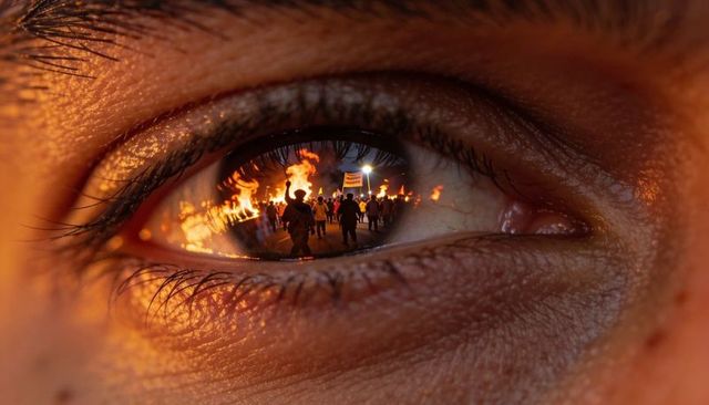 Closeup eye reflecting night street protest with flames, torches and silhouetted crowd