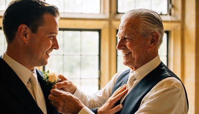 Father pinning boutonniere on groom before wedding, warm candid moment by leaded window