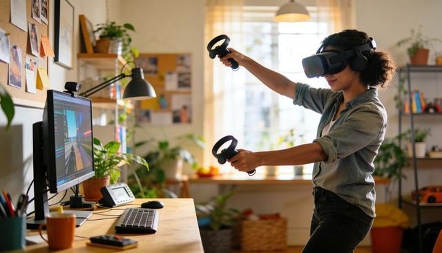 Young woman playing with vr headset and controllers in cozy home workspace with monitor
