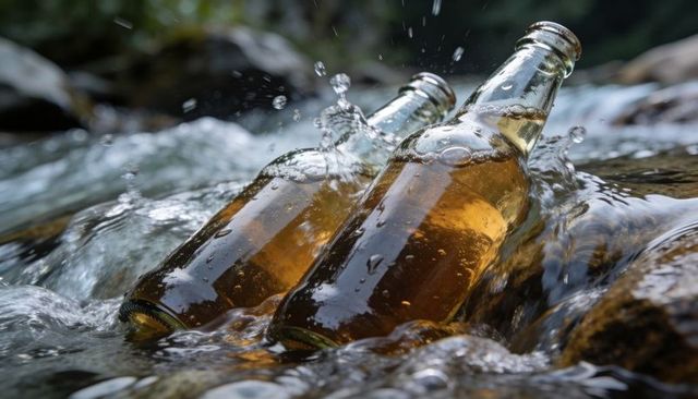 Two brown glass bottles floating in shallow stream with amber liquid and splashing water