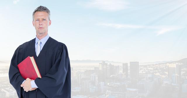 Digital composite of Judge holding book in front of bright city