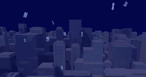 Futuristic digital interface with falling numbers over cityscape