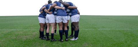 Diverse rugby players teaming up on transparent background