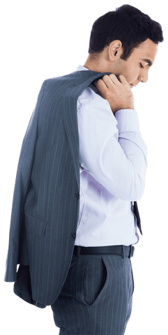 Businessman Wearing Suit Holding Jacket on Transparent Background