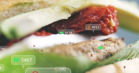 Gourmet sandwich with digital notification icons overlay