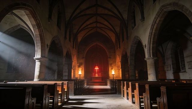 Gothic cathedral nave with glowing red altar lamp, torch flames and sunbeams