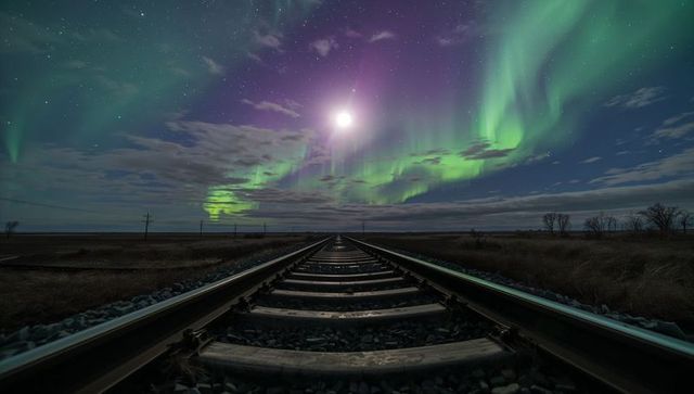 Leading Railroad Tracks Drawing Eye Toward Horizon Under Aurora Borealis and Moonlight