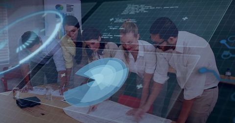Team collaborating over blueprint with augmented reality planning overlays and data visuals