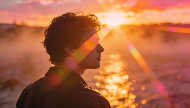 Young man silhouette watching golden sunset over sea with lens flare and reflection