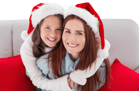 Smiling Mother and Daughter in Santa Hats Transparent Background