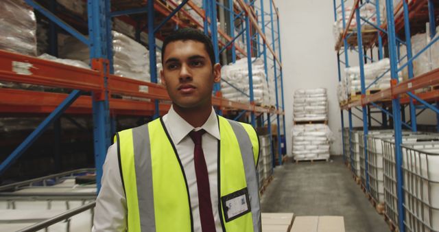 Young warehouse supervisor standing confidently among shelves, monitoring inventory and ensuring safety. Useful for depicting logistics management, supply chain efficiency, workplace safety practices, and industrial job environments.