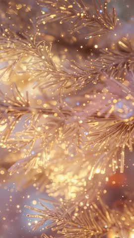 Vertical holiday video showing swaying gold metallic branch with flickering LED bokeh lights