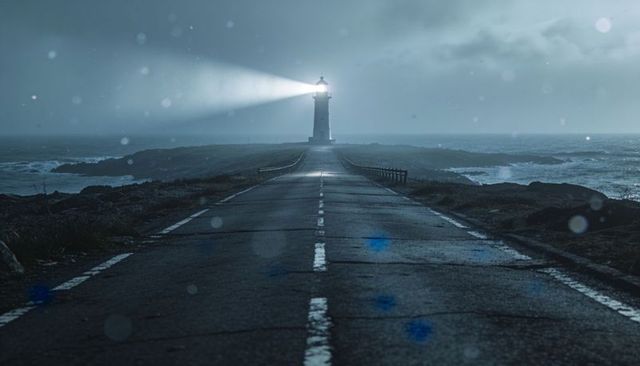 Lighthouse beacon cutting mist over wet coastal road leading to rocky promontory at twilight