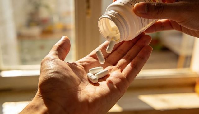 Pouring white capsules into open hand by sunlit window for home medication caregiving