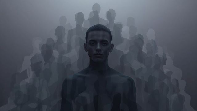 Standing barechested man amid ghostly silhouettes evoking solitude in crowd