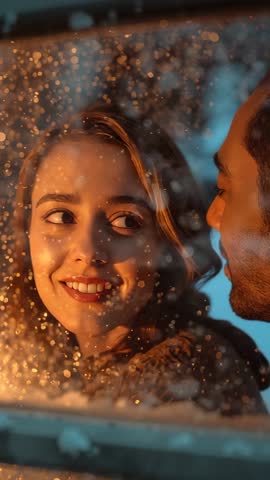 Vertical video: Couple sharing warm laughter and intimate gaze through frosted car window