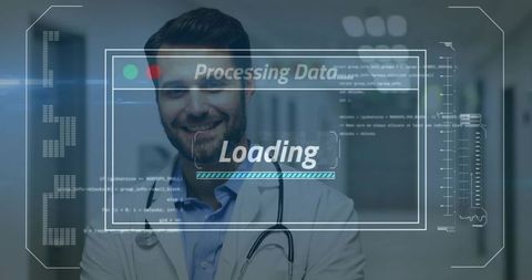 Standing doctor wearing lab coat and stethoscope with futuristic hud data overlay
