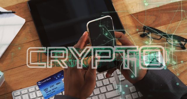 Hands Holding Smartphone with Crypto Text Overlay on Digital Devices - Download Free Stock Images Pikwizard.com