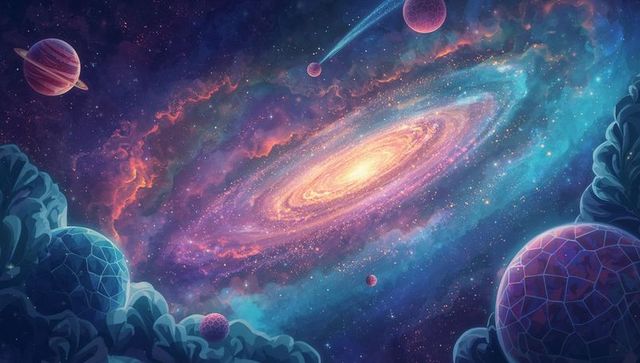 Vibrant spiral galaxy with nebula and distant planets in space