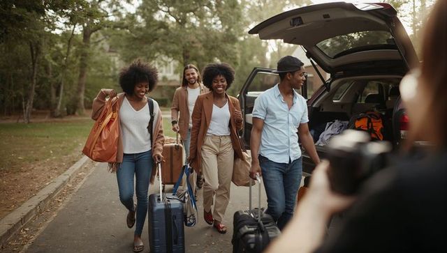 Friends laughing walking pulling suitcases duffels toward open suv trunk on suburban road