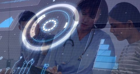 Clinician consulting family using holographic health interface with futuristic HUD data