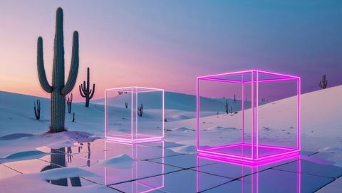Futuristic neon cubes in desert twilight with reflections