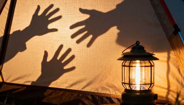 Campers creating playful hand shadows on tent wall with warm lantern glow, cozy night