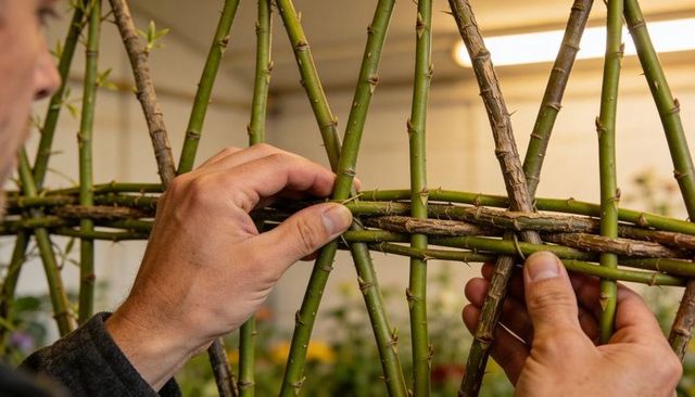 Weaving rustic thorny cane trellis by hand in greenhouse for climbing plants and vines