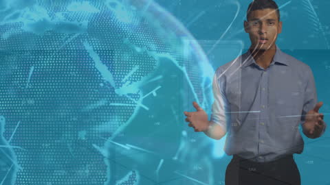 Businessman Analyzing Global Digital Data with Holographic Interface