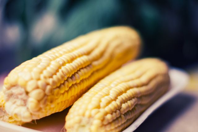 Close-up of fresh corn on the cob placed on a plate with a blurred background. This image can be used for articles or content related to healthy eating, organic vegetables, and recipes. Ideal for food blogs, nutrition websites, and agricultural themes.