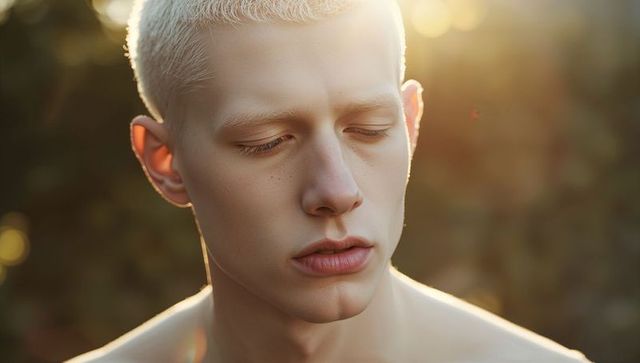 Gazing platinum-haired male portrait bathed in golden-hour backlight with soft lens flare
