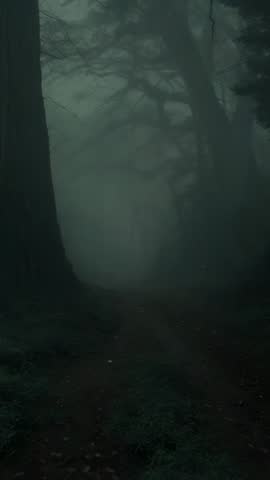 Vertical video capturing mist swirling around trunks while camera follows muddy woodland trail