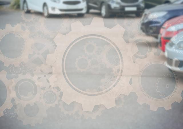 Digital composite of Cars in carpark with gear graphic overlay