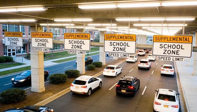 Supplemental school zone signs over drop-off canopy with queuing suvs and campus traffic