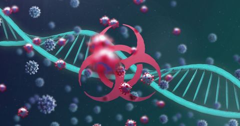 3d visualization of coronavirus with dna strand and biohazard symbol