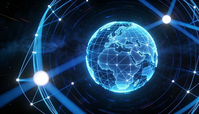 Holographic Digital Earth Showing Global Network Connectivity with Glowing Wireframe and Nodes