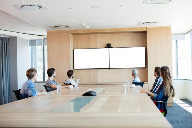 Business team attending a video call in a modern conference room. Ideal for illustrating concepts of teamwork, remote communication, corporate meetings, and professional collaboration in a business environment.