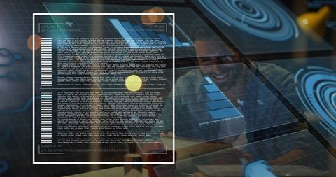 Man viewing futuristic hud dashboard with holographic analytics and radar metrics, smiling