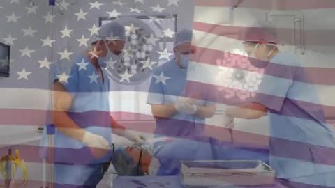 Surgical Team Prepares for Procedure in Operating Room with Overlay Graphics