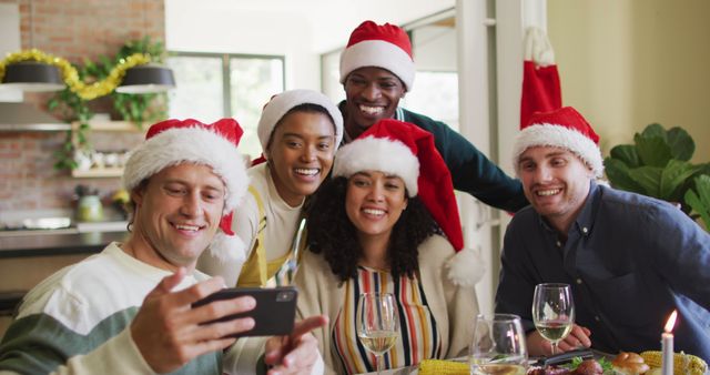 Diverse Friends Celebrating Christmas and Taking Selfie - Download Free Stock Images Pikwizard.com