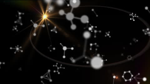 This visual expertly combines animated molecular structures and dynamic light trails against a deep black backdrop, exuding a sense of science and modernity. Ideal for use in educational materials, scientific presentations, and design projects highlighting concepts in chemistry or abstract thought.