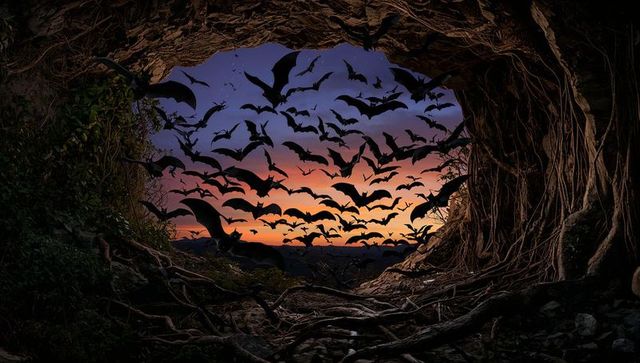 Swirling flock of bats silhouetted against colorful sunset from root-lined cave opening