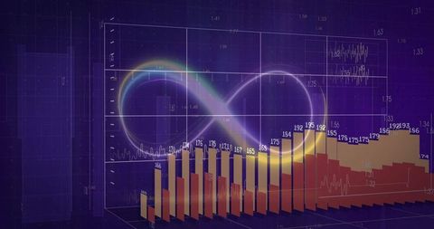 Futuristic digital bar chart with neon infinity symbol