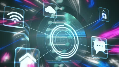 Futuristic Digital Interface with Network of Technology Icons