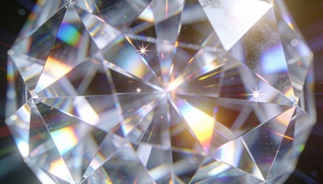 Sparkling faceted diamond crystal reflecting rainbow light and starburst lens flares macro