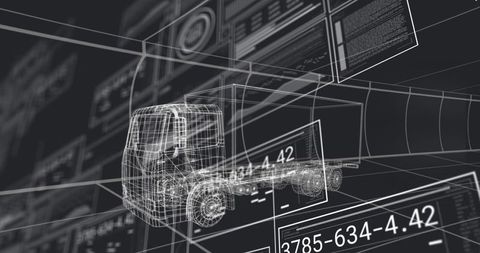 Wireframe 3d truck cad hud with data overlays and diagnostics for automotive simulation