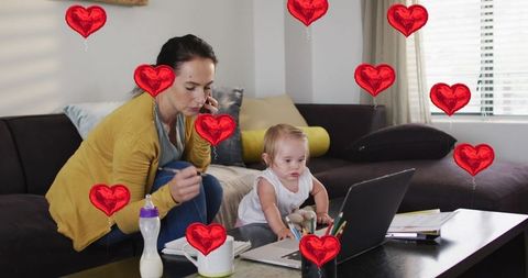 Busy mother multitasking while balancing work and childcare