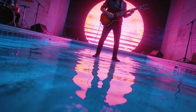 Playing guitarist standing in shallow pool under neon led sun with reflective water