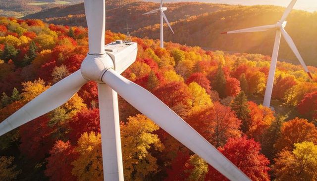 Towering wind turbine soaring above sunlit autumn forest canopy with colorful fall foliage